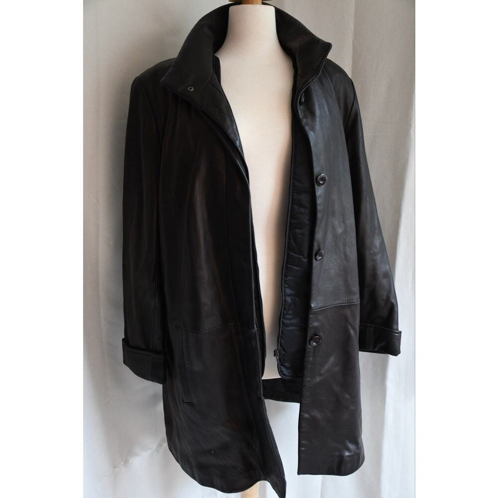 Vintage Tibor Genuine Black Leather Coat With Zipper/Buttons And Lining Sz 14